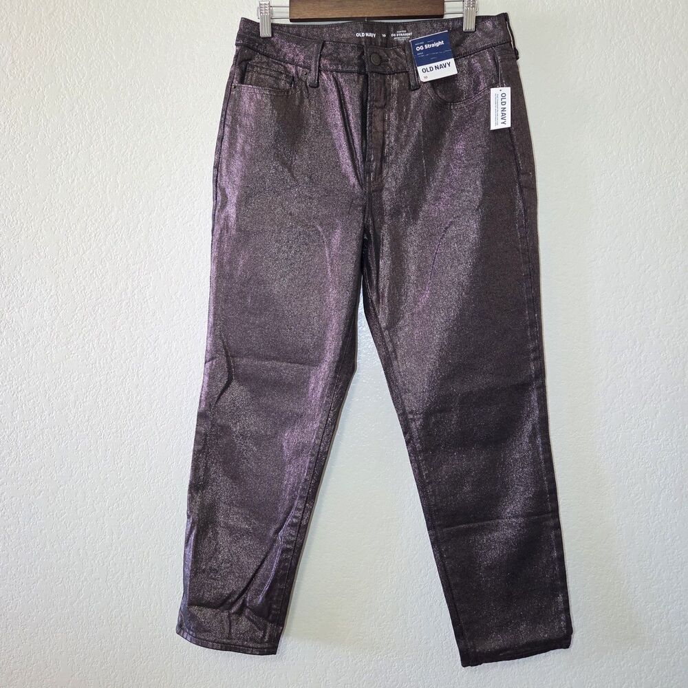 Old Navy High Rise OG Straight Ankle Jeans Size 10 Black Shine Metallic